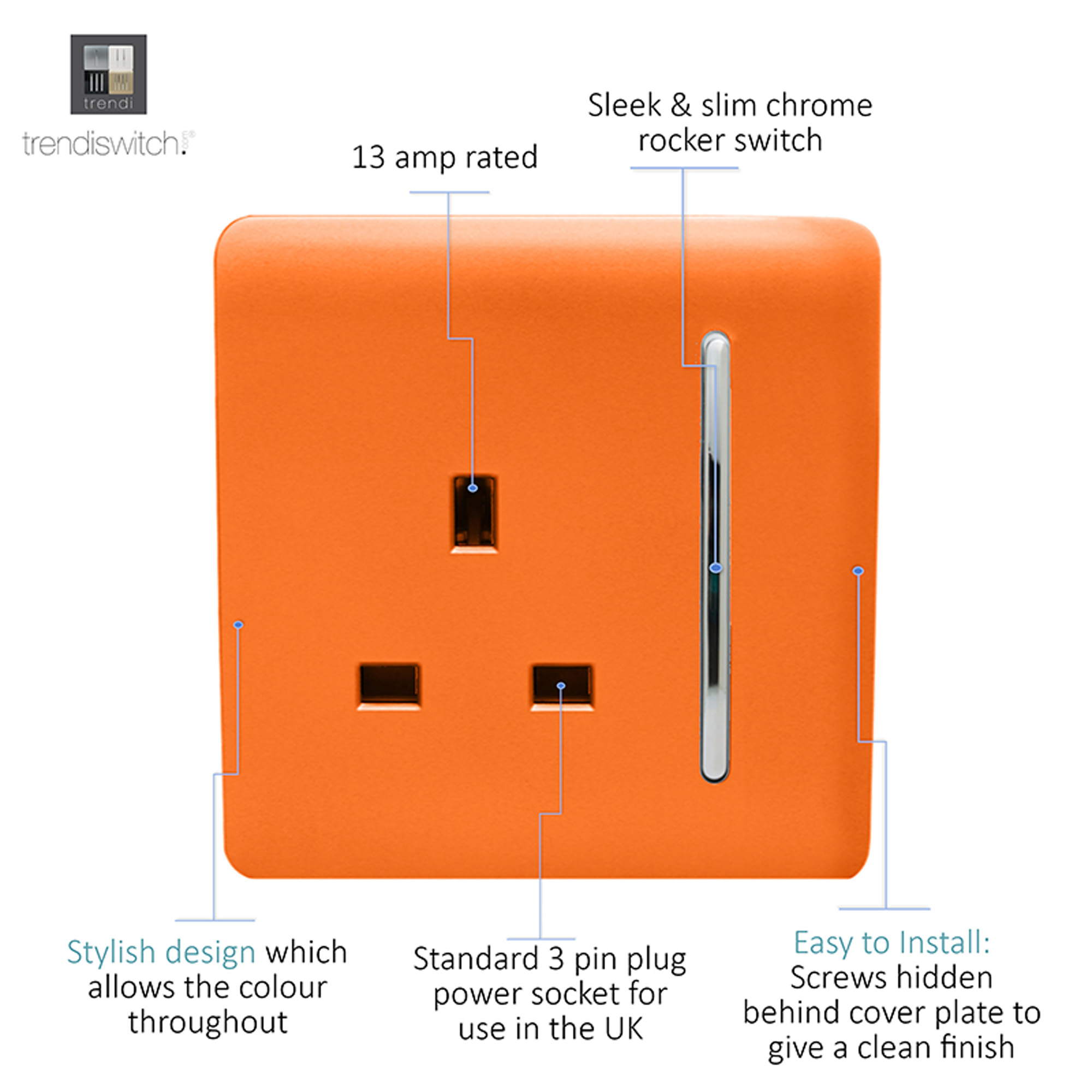 1 Gang 13Amp Switched Single Socket Orange ART-SKT13OR  Trendi Orange